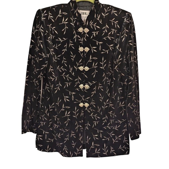 JBS‎ LTD Velvet Blazer Silver Leaf Heart Clasp Mandarin Collar Jacket 6P - Picture 1 of 6